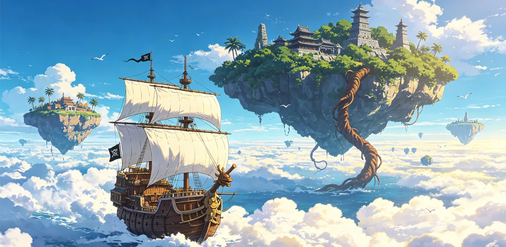 A sailing ship journeys through clouds toward a lush floating island